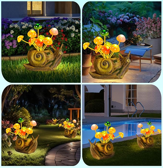 Solar Lights Outdoor Garden Statue,Cute Snails Figurines with Mushroom LED Solar Lights Fairy Garden Accessories,Birthday Gifts for Women Mom Gardening for Patio,Yard Art,Lawn Ornament,Porch,Backyard-VerdiqueGarden