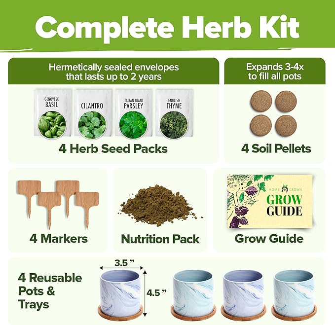 HOME GROWN Indoor Herb Garden Kit w/Glazed Ceramic Pot - Easy-to-Grow Kitchen Window Gardening Starter Set - Unique Housewarming Gift for Women, Mom, Gardeners, Friend, Her, Mother-VerdiqueGarden