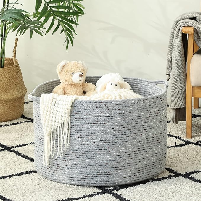 KAKAMAY Large Blanket Basket (20"x13"),Woven Baskets for storage Baby Laundry Hamper, Cotton Rope Blanket Basket for Living Room, Laundry, Nursery, Pillows, Grey with Blue & Brown Dotted-VerdiqueGarden