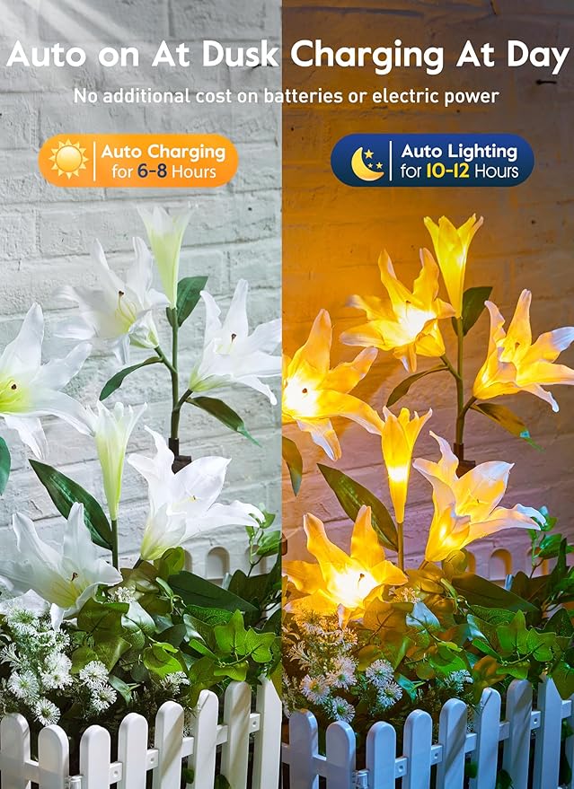 Brightown Outdoor Solar Garden Lights - 4 Pack LED Flower Lights with Larger Lily, Bigger Solar Panel, Waterproof for Outside Yard Patio Garden Decorations, White-VerdiqueGarden
