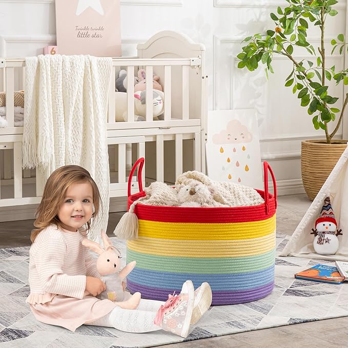 KAKAMAY Large Blanket Basket (20"x13"),Woven Baskets for storage Baby Laundry Hamper, Cotton Rope Blanket Basket for Living Room, Laundry, Nursery, Pillows, Baby Toy chest (Rainbow)-VerdiqueGarden
