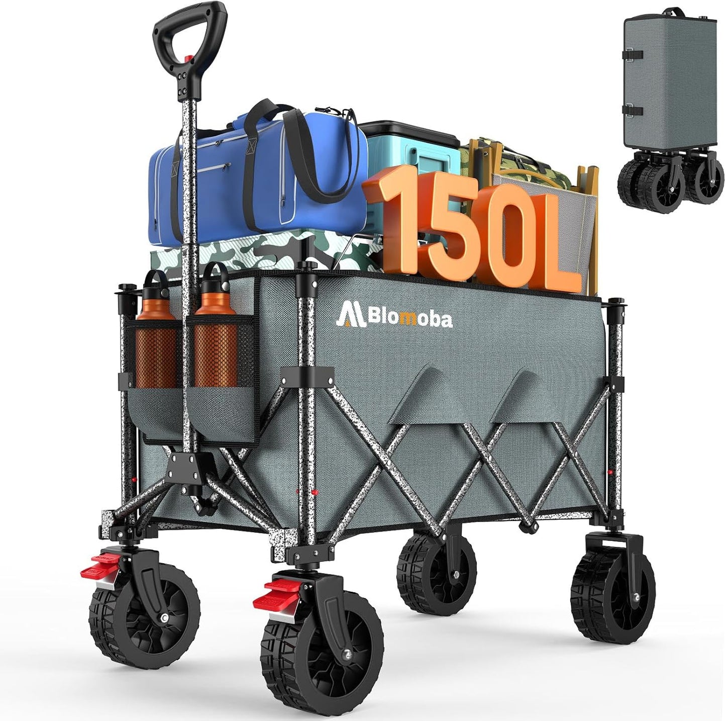 Collapsible Wagon Cart, 150L Heavy Duty Foldable Beach Wagon with Wider Wheels & Auto-Rebound Handle, Utility Grocery Shopping Cart for Garden, Shopping, Camping, Sports, Gray-VerdiqueGarden