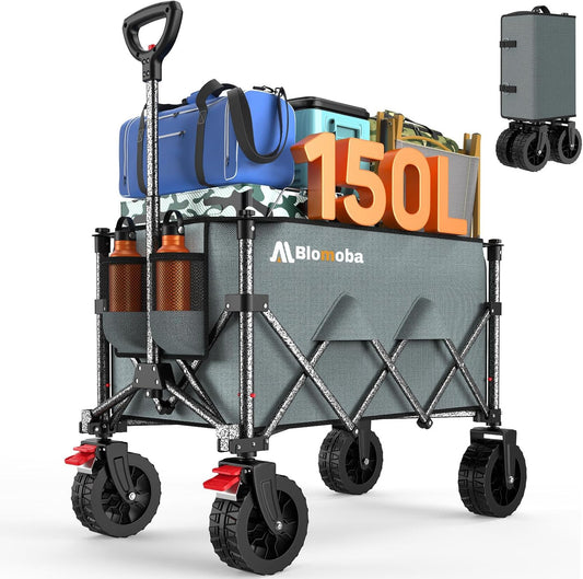 Collapsible Wagon Cart, 150L Heavy Duty Foldable Beach Wagon with Wider Wheels & Auto-Rebound Handle, Utility Grocery Shopping Cart for Garden, Shopping, Camping, Sports, Gray-VerdiqueGarden