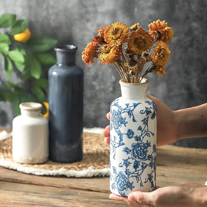 Ceramic Vintage Vases Set of 3, Blue and White Flower Decorative Vase Chinoiserie Decor Rustic Farmhouse Retro Floral Vases for Table Bookshelf Mantel Kitchen Living Room Office-VerdiqueGarden