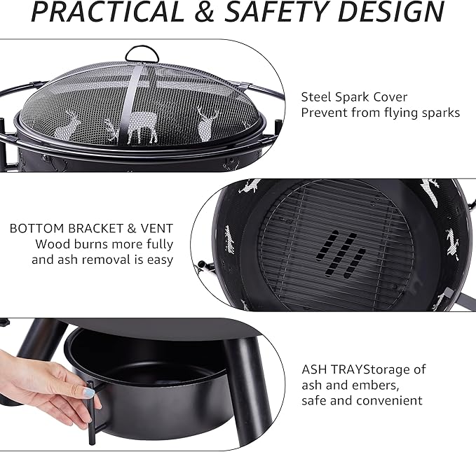 NATURAL EXPRESSIONS 32 Inch Large Fire Pit with 2 Grills, Outdoor Wood Burning Fire Pit with Cooking Grate, Lid, Poker and Round Waterproof Cover for Patio, Ourside, Bonfires, Picnic, Party.-VerdiqueGarden