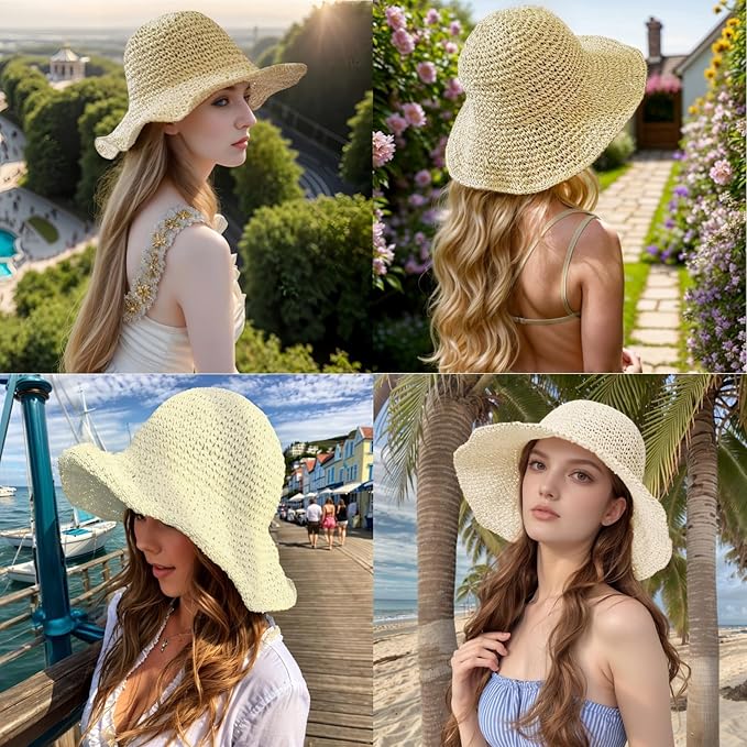 Womens Straw Beach Sun Hats, Foldable Packable Floppy Handmade Crochet Hats for Women,Large Summer Vacation Wide Brim Hat-VerdiqueGarden