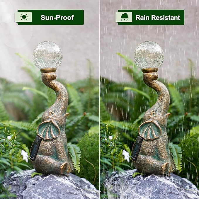 MININOVA Garden Decor Outdoor Statues Elephant with Cracked Glass Ball, Cute Solar Figurine for Patio, Lawn, Yard Art Ornament Decorations (8 LED Lights)-VerdiqueGarden