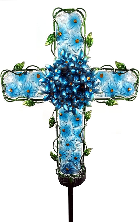 Solar Cross Garden Lights Outdoor Decorative - Solar Metal&Glass Cross Blue Hydrangea Flower Stake Lights- Waterproof 20 Warm White LED for Remembrance Gifts-VerdiqueGarden