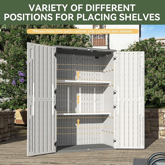 Aoxun White Resin Outdoor Storage Shed with 2 Shelves & Floor, 64 Cu.Ft Vertical Waterproof Cabinet for Garage, Pool, Bike, Garden Tools, Patio Furniture-VerdiqueGarden