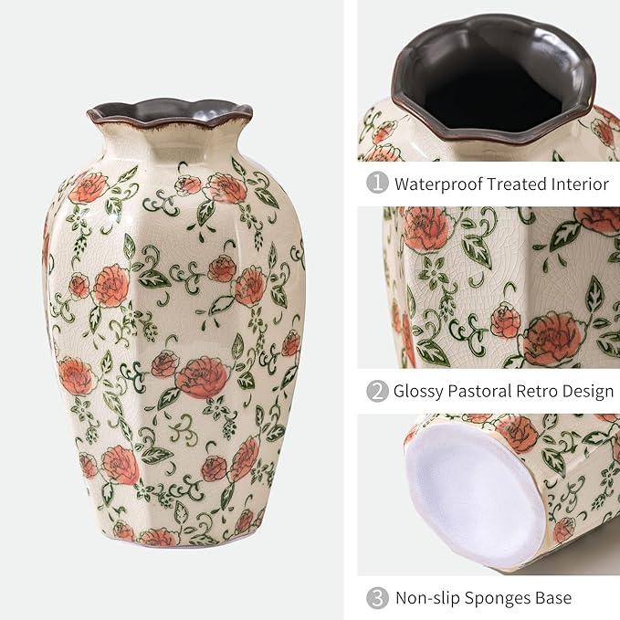 Green&Beige Vintage Octagonal Vase, Red Rose Chinoiserie Floral Vase, Farmhouse Antique Decorative Ceramic Flower Vases for Bouquet, Home Decor, Living Room, Bookshelf, Office, Tuscan Decor 9.1 Inch-VerdiqueGarden
