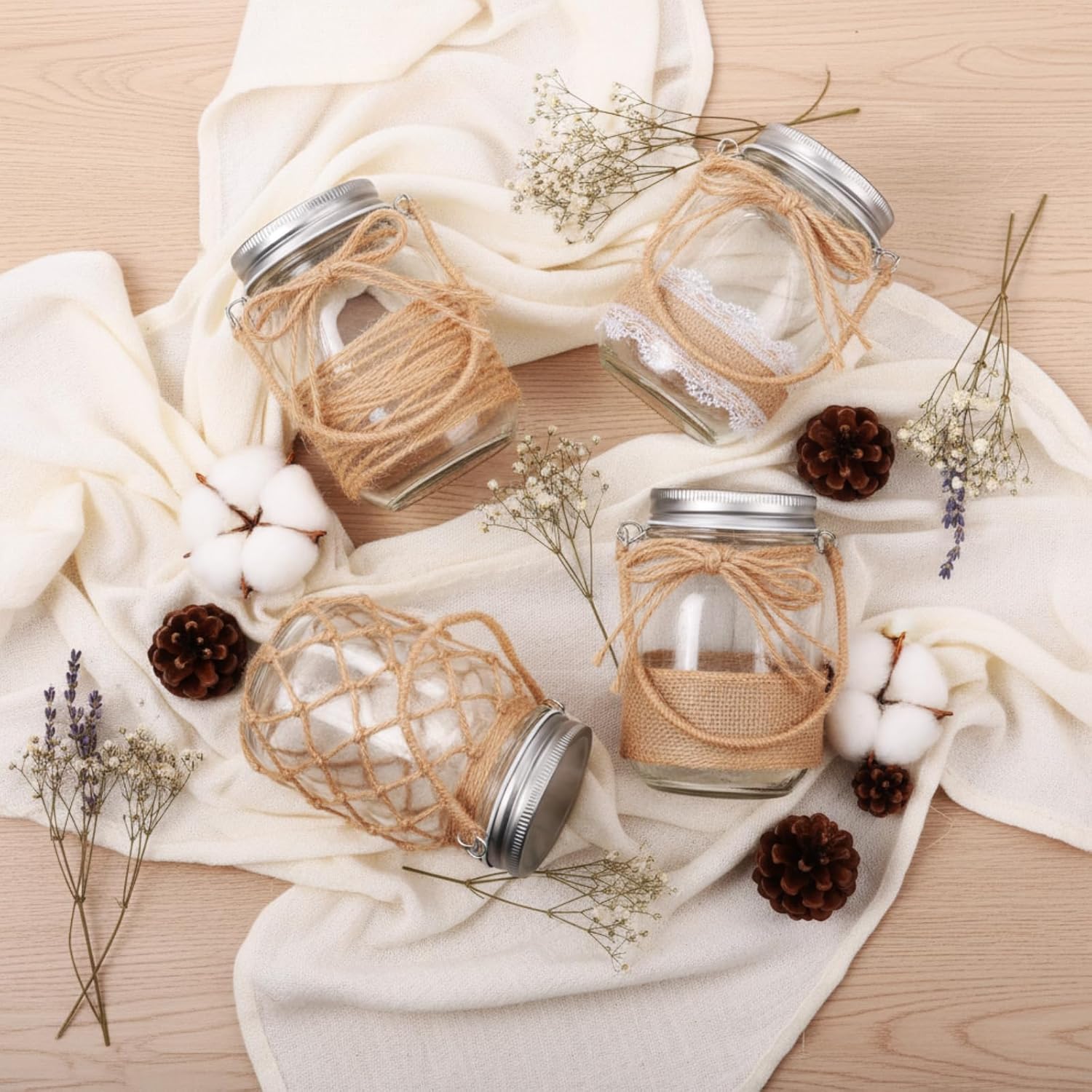 6 Pcs 5 Inch Small Hanging Mason Jars with Handles and Lids Decorative Glass Bottles Rope Net Glass Vase for Home Table Centerpiece Farmhouse Wedding Party decoration-VerdiqueGarden
