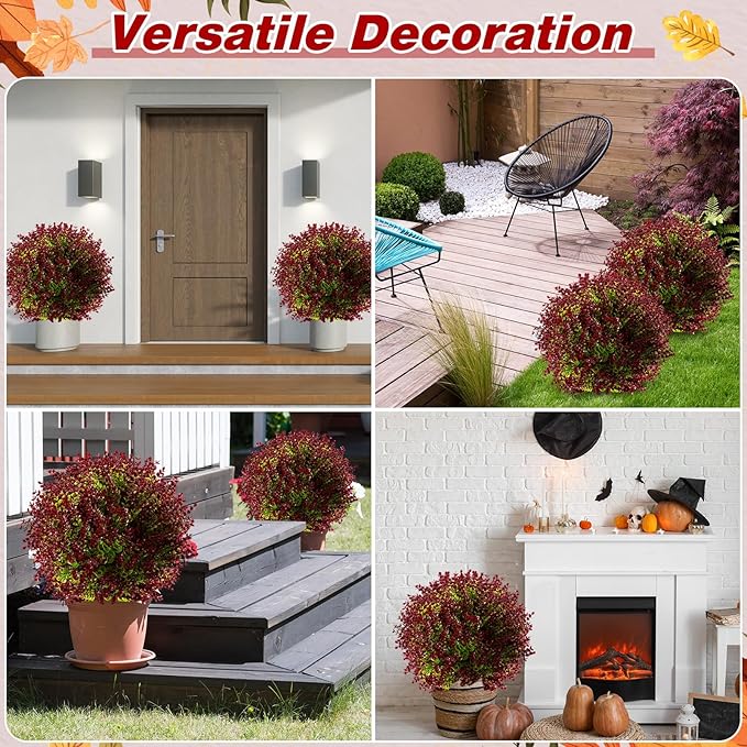 Yunlly 2 Pcs 18 Inch Artificial Boxwood Ball Topiary Tree Fake Outdoor Plants Bush, UV Resistance Faux Shrub with Spike Realistic Greenery Potted for Indoor Garden Yard Porch Patio Decor (Purple Red)-VerdiqueGarden