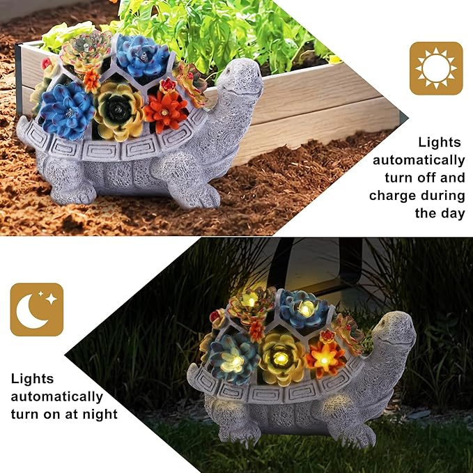 Solar Garden Statues Turtle with Succulent and 6 LED Lights, 9.1" L x 5.7" W x 6.7" H Outdoor Solar Decor, Turtle Garden Figurines for Lawn, Balcony, Yard Decoration, Gifts for Mom Wife-VerdiqueGarden