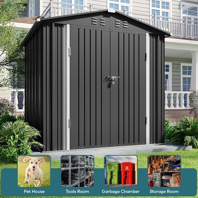 Gizoon Outdoor Storage Shed 6 x 4 FT, Galvanized Metal Garden Shed with Double Lockable Doors, Outdoor Storage Clearance for Backyard Patio Lawn-Dark Grey-VerdiqueGarden