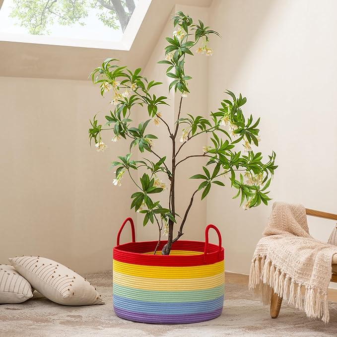 KAKAMAY Large Blanket Basket (20"x13"),Woven Baskets for storage Baby Laundry Hamper, Cotton Rope Blanket Basket for Living Room, Laundry, Nursery, Pillows, Baby Toy chest (Rainbow)-VerdiqueGarden