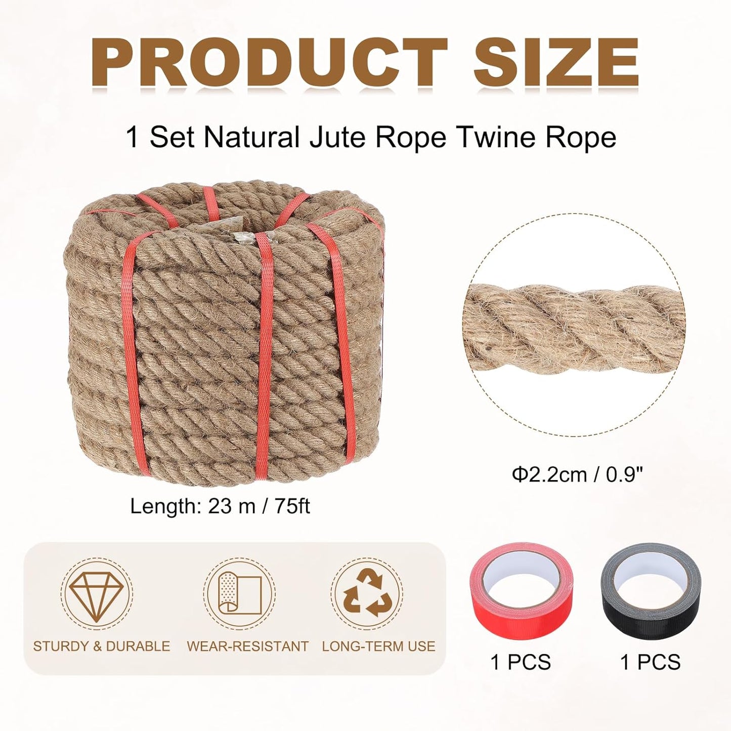 MECCANIXITY Jute Rope 0.9 Inch x 75ft, Thick Twine Rope Ropes Braided Jute Twine Natural Brown Burlap Cord String Heavy Twisted with Tapes for Decorative Crafts Railing Swing Tug of War-VerdiqueGarden