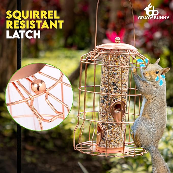 Squirrel Proof Bird Feeder for Outdoors Hanging (Metal Rose Gold) Bird Feeder with 4 Ports, Chew-Proof & Weather Resistant, Backyard Gift (10.25 x 6.25 x 6.25 inches)-VerdiqueGarden