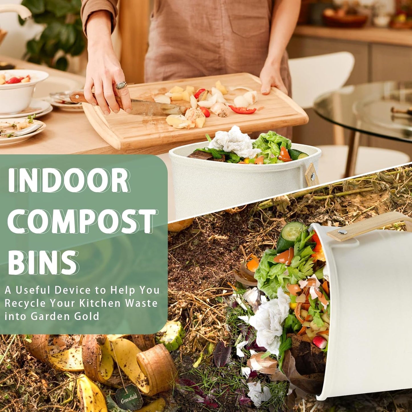 Vipush Bamboo Fiber Compost Bin with Lid Small Countertop Compost Bin Includes Charcoal Filter, Beige-VerdiqueGarden