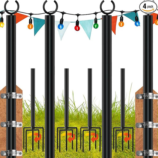 LAND·VOI 4 Pack String Light Poles, 9FT Heavy Duty Metal Light Poles for Outside String Lights, Outdoor light poles with 5 Prong Fork, Light Pole Stand for Patio, Backyard, Garden, Deck, Black FLP14B-VerdiqueGarden