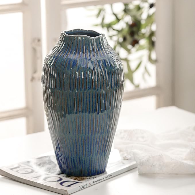 Blue Ceramic Vase for Home Decor,11.6 Inch Flower Vase，Decorative Vases for Pampas Grass，Modern Art Texture Vases for Home Entryway Living Room Dining Table Farmhouse Office Decor-Blue-VerdiqueGarden