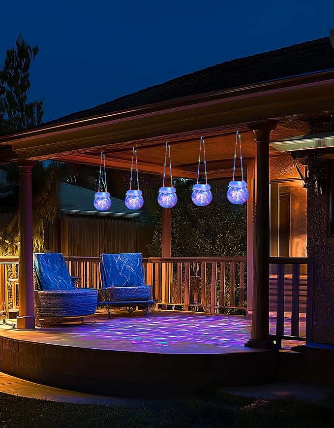 Solar Lantern Solar Lights Outdoor Waterproof 6-Pack, Solar Powered Hanging Lights Cracked Glass Hanging Globes for Christmas Decoration, Shepherd Hook, Garden Tree Ornaments,White Cap, Multi-Color-VerdiqueGarden