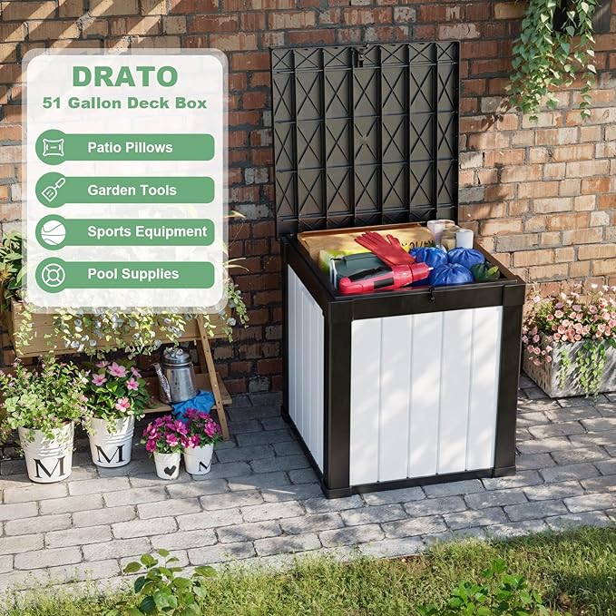 DRATO 50 Gallon Deck Box, Outdoor Storage Box for Patio Cushion, Sports Equipment, Garden Tools, Waterproof Patio Storage box, Lockable (Black and White)-VerdiqueGarden