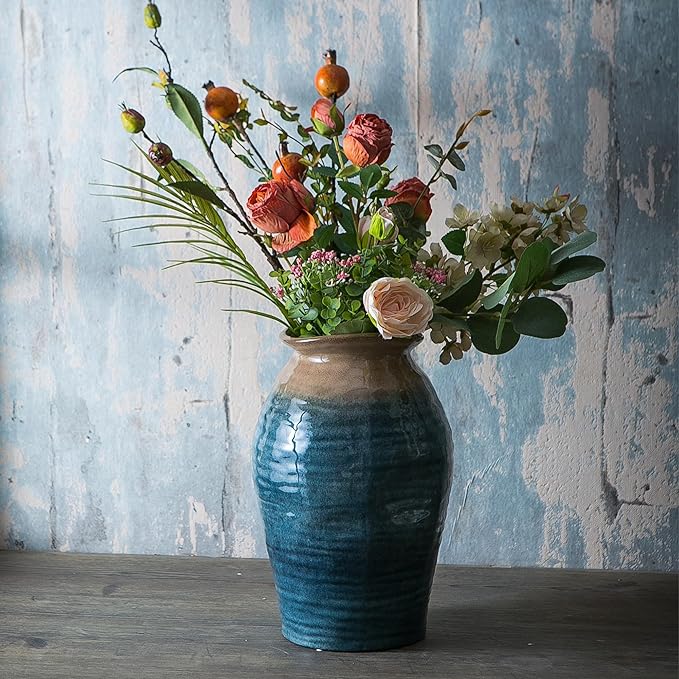 Blue Floor Vase, Ceramic Glazed Large Vase for Modern Farmhouse Home Decor, Rustic Terracotta Pottery, Vintage Clay Vase for Living Room Entryway Centerpiece-VerdiqueGarden