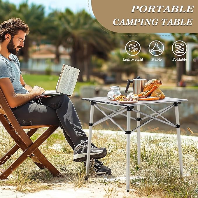 Athena Collection Foldable Camping Table, 28" Small Aluminum Outdoor Folding Camp Table with Roll Up Tabletop and Carry Bag, Lightweight and Portable for Outdoor Camping Picnic Grilling, Silver-VerdiqueGarden