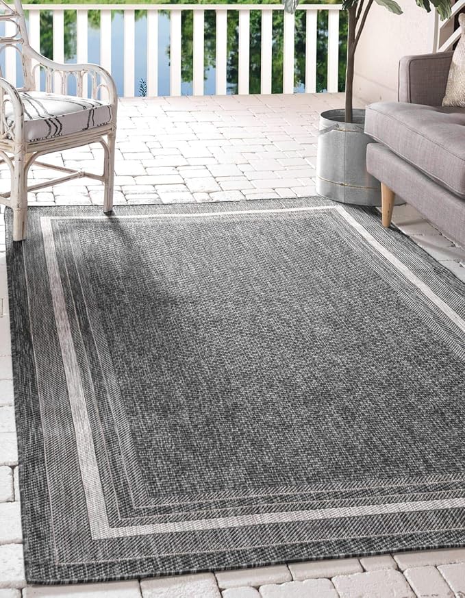 Unique Loom Outdoor Border Collection Area Rug - Soft Border (5' 3" x 8' Rectangle, Black/ Ivory)-VerdiqueGarden