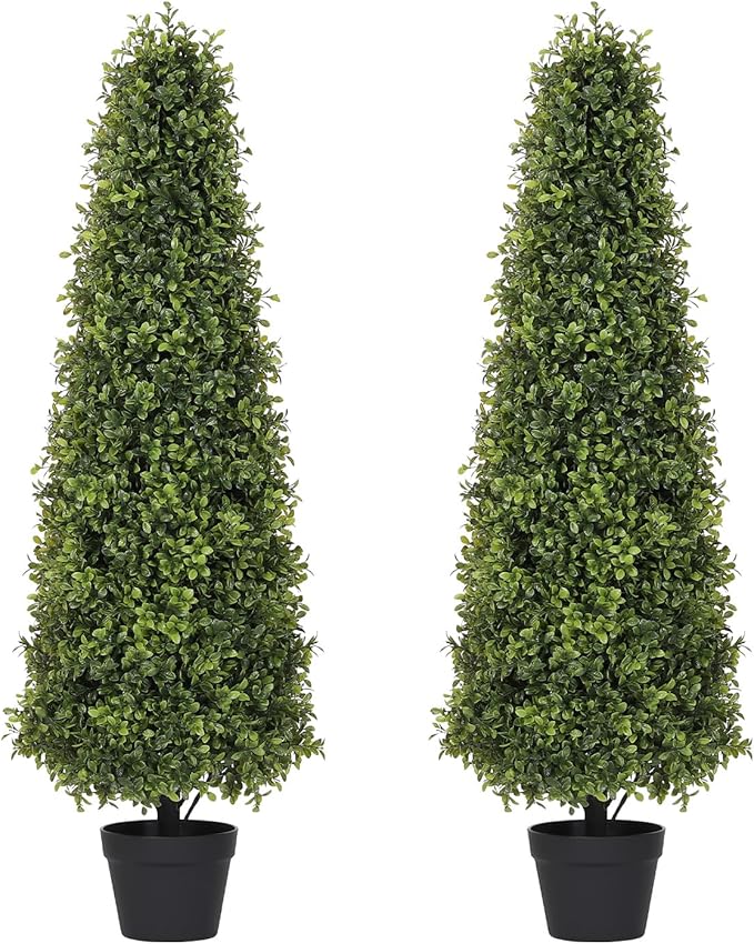 4ft Artificial Boxwood Topiary Trees (Set of 2) - UV Resistant Faux Plants Outdoor, Realistic 48in Fake Potted Bushes and Shrubs for Front Porch, Planter, Patio - Low Maintenance & Evergreen-VerdiqueGarden