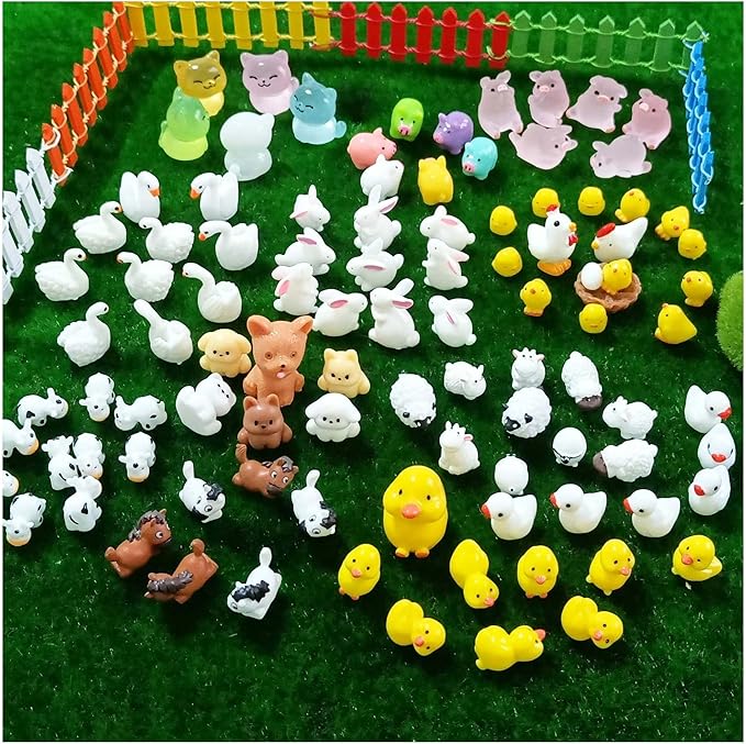 100 Pcs Mini Resin Animals Figures, Farm Tiny Plastic Animals Figurines to Hide Miniature Fairy Garden Decorations Accessories-VerdiqueGarden