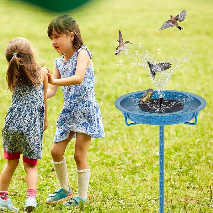 Metal Bird Bath for Outside, 36.2" Height Birdbath Bowl Standing Bird Feeders for Outdoors with 4 Prongs Base Stake, Freestanding Birdfeeders for Garden Yard Lawn Decor (Retro Blue)-VerdiqueGarden