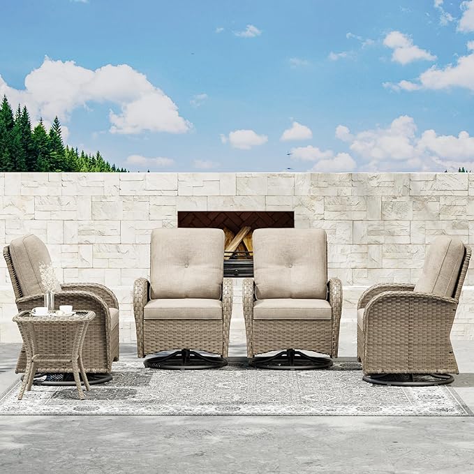 Joyside Outdoor Swivel Rocker Chairs, 6 Piece Wicker Patio Set with Thick Cushion and Side Table, Rattan Patio Swivel Rocking Chairs for Porch, Deck Use (Natural/Beige, 6 PCS)-VerdiqueGarden
