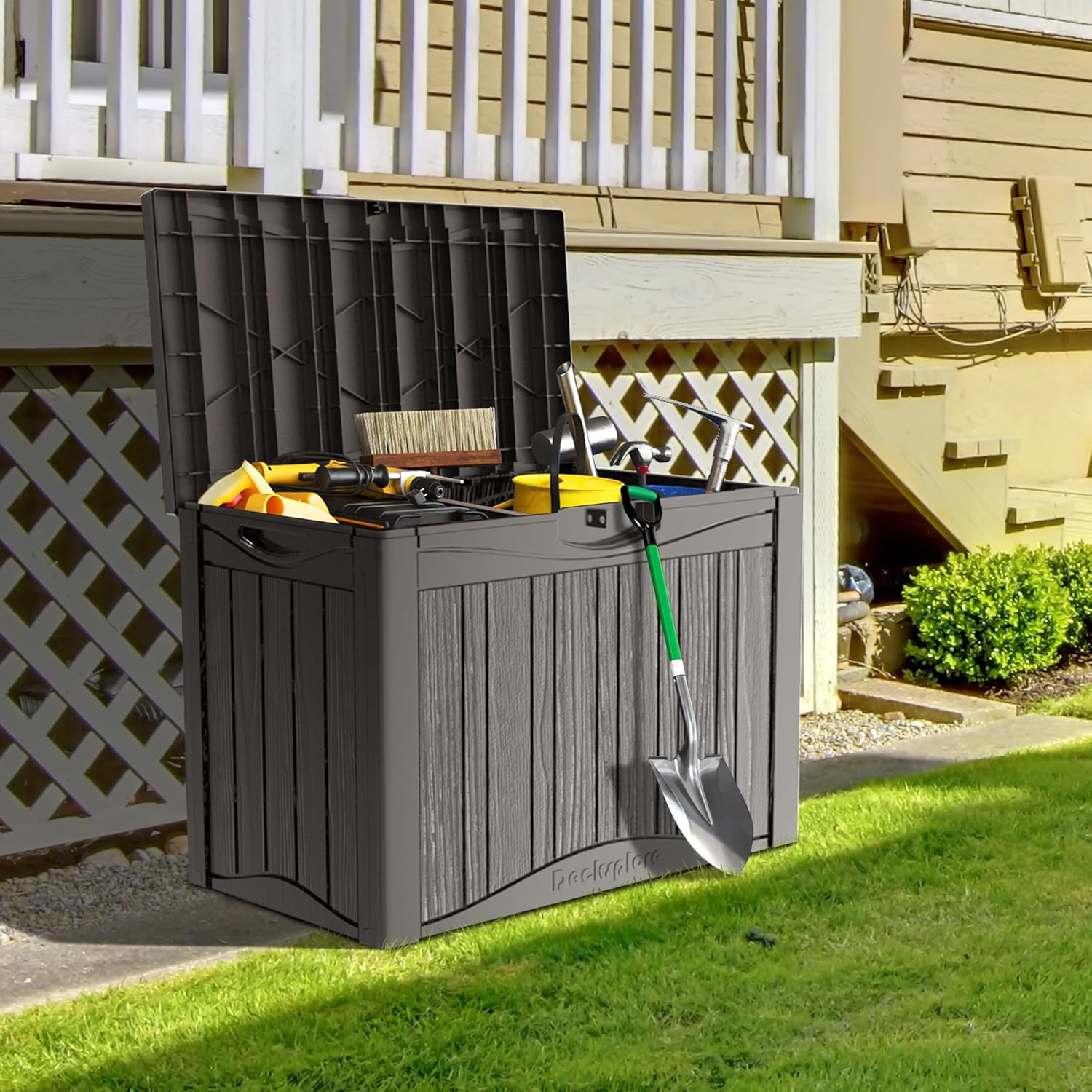 45 Gallon Double-Wall Resin Deck Box - Lockable Waterproof Outdoor Storage Box, 515bs Capacity & Doubles as Seating for Patio Furniture - Garden Tools, Pool Accessories (Brown)-VerdiqueGarden