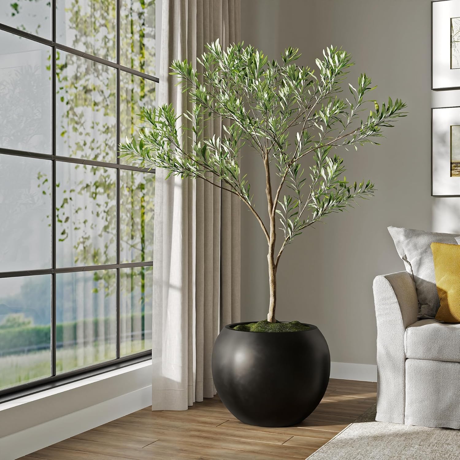 DTY Signature Mount Sherman Lightweight Durable Modern Fiberstone Sphere Planter for Indoor & Outdoor Drainage Hole & Rubber Plug Weather Resistant, 17" H x 21" Dia 14.4" Pot Opening - Large, Black-VerdiqueGarden