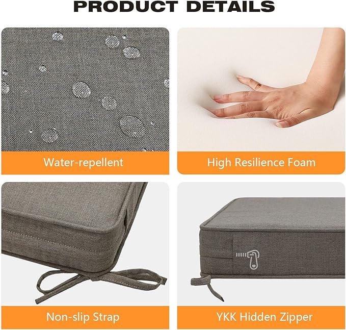 Sunbrella Square Corner Seat Cushions, 19" x 19" x 3", Set of 4, Indoor Outdoor Water Repellent Universal Chair Pads with Ties for Patio Furniture, Garden Dining Chairs, Cast Shale-VerdiqueGarden