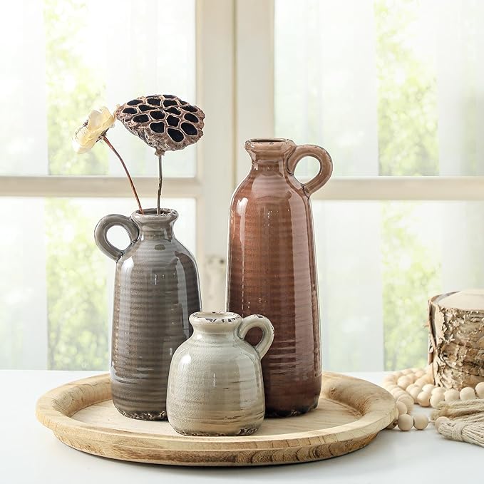 Ceramic Vases Set of 3, Neutral Rustic Farmhouse Vase with Handle, Decorative Flower Vases Home Decor Modern Boho Pampass Vase for Table Mantel Entryway Shelf Living Room Kitchen Bathroom - Brown-VerdiqueGarden