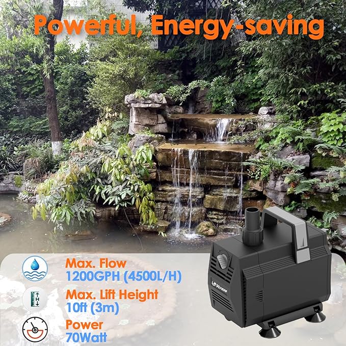 Submersible Water Pump 1200GPH/70W Fountain Pumps with Flow Control, Pond Pump Submersible Outdoor with 10ft 3-Core Power cable for Hydroponics, Aquarium, Waterfall, Statuary, Water feature-VerdiqueGarden