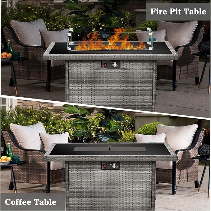 Propane Fire Pit Table,44 Inch 55000 BTU Outdoor Gas Fire Pit Rectangular with Glass Wind Guard for Outside Patio Deck (Gray-Glass Top)-VerdiqueGarden