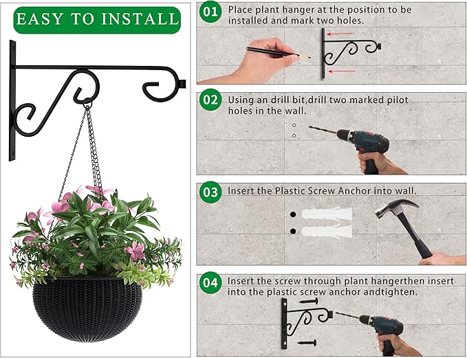 Hanging Plant Hanger 4Pcs Plant Hanger Wall Hooks,6in Metal Plant Bracket Hook for Outdoor or Indoor Hanging Flower Baskets,Wind Chimes,Solar Lanterns-VerdiqueGarden