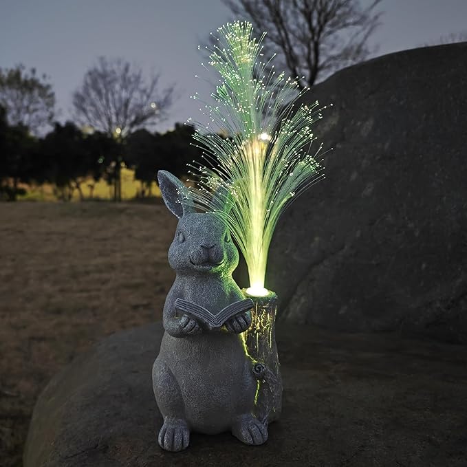 Rabbit Solar Garden Statues,Resin Rabbit Figurine Reading a Book and 7-Color Changing Optical Fiber with Solar Lights, Lawn Decor Outdoor Statue for Patio,Balcony,Yard,Lawn Ornament-VerdiqueGarden