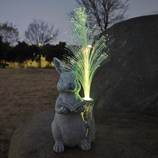 Rabbit Solar Garden Statues,Resin Rabbit Figurine Reading a Book and 7-Color Changing Optical Fiber with Solar Lights, Lawn Decor Outdoor Statue for Patio,Balcony,Yard,Lawn Ornament-VerdiqueGarden
