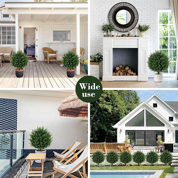 21" Artificial Cypress Topiary Outdoor Plants with Spike, 2 Pack Faux Cedar Bushes UV Resistant Fake Shrubs for Front Porch Décor-VerdiqueGarden