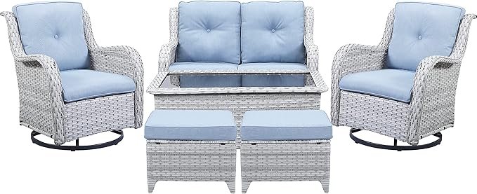 Wicker Outdoor Furniture Patio Furniture Set - 6 Piece Patio Conversation Set with Swivel Rocker Chairs, Loveseat Sofa, Ottomans and Coffee Table, Baby Blue Cushion-VerdiqueGarden