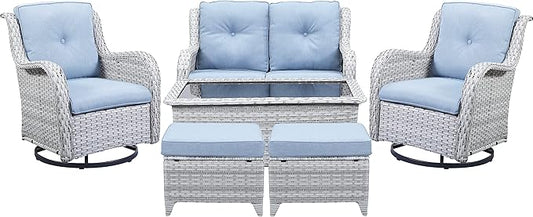 Wicker Outdoor Furniture Patio Furniture Set - 6 Piece Patio Conversation Set with Swivel Rocker Chairs, Loveseat Sofa, Ottomans and Coffee Table, Baby Blue Cushion-VerdiqueGarden