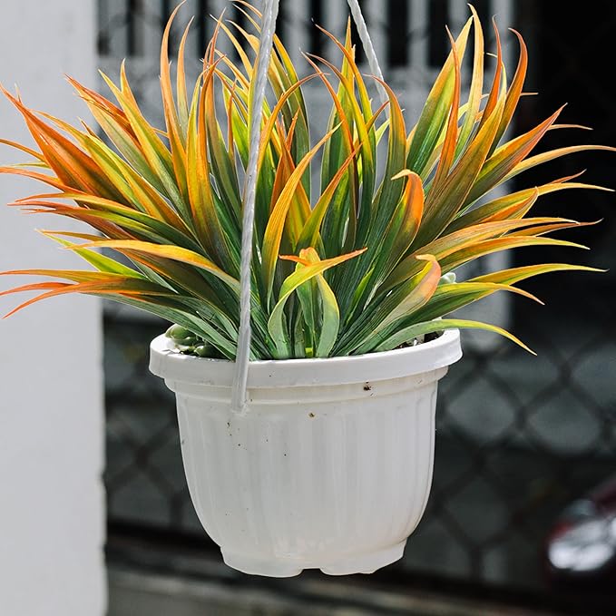 16Pcs Artificial Grass Fake Plants 17.3in Outdoor Plastic Plants UV Resistant Greenery Fake Grass for Home Window Garden Office Patio Hanging Planter Pathway Front Porch Décor Orange Yellow-VerdiqueGarden