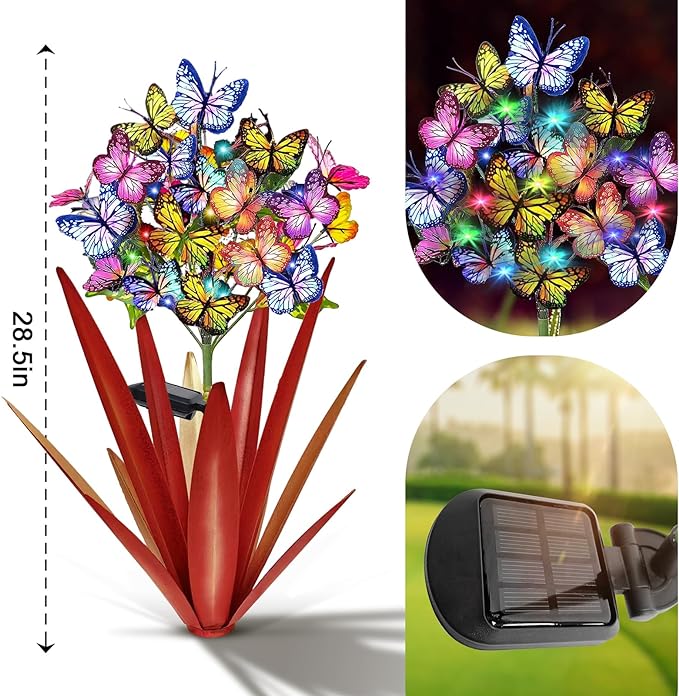 Homight Solar Metal Agave Butterfly Flower Stick Garden Sculpture - Outdoor Christmas Lights, Swaying Solar Lights Gift (2 PCS RED)-VerdiqueGarden