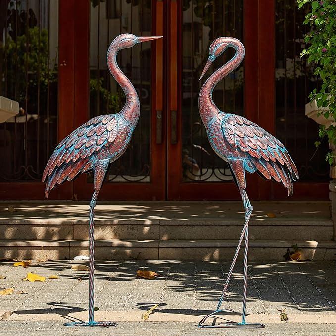 Kircust Garden Crane Statues Patina Heron Decoy, Standing Metal Crane Sculptures Bird Yard Art for Outdoor Decor, 47-48 Inch, Set of 2-VerdiqueGarden