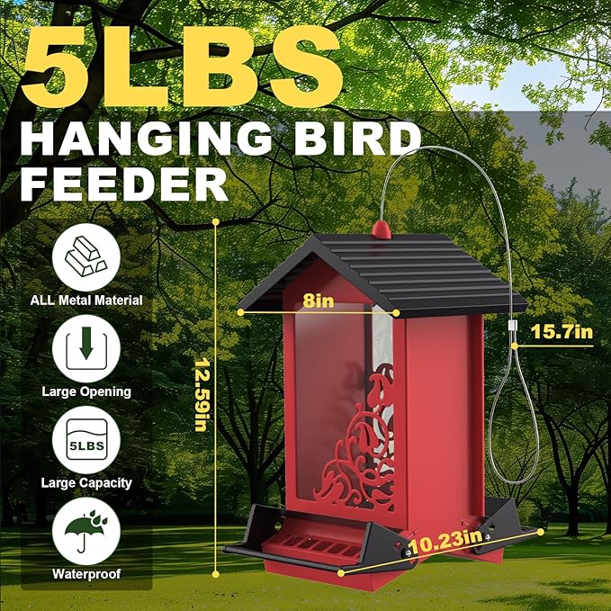 Squirrel Proof Bird Feeder for Outdoor Hanging,Metal Bird Seed Feeder with Bilateral Weight Activated Perches,5LB Large Capacity Wild Bird Feeders for Outside,Easy Refill and Clean,Red-VerdiqueGarden