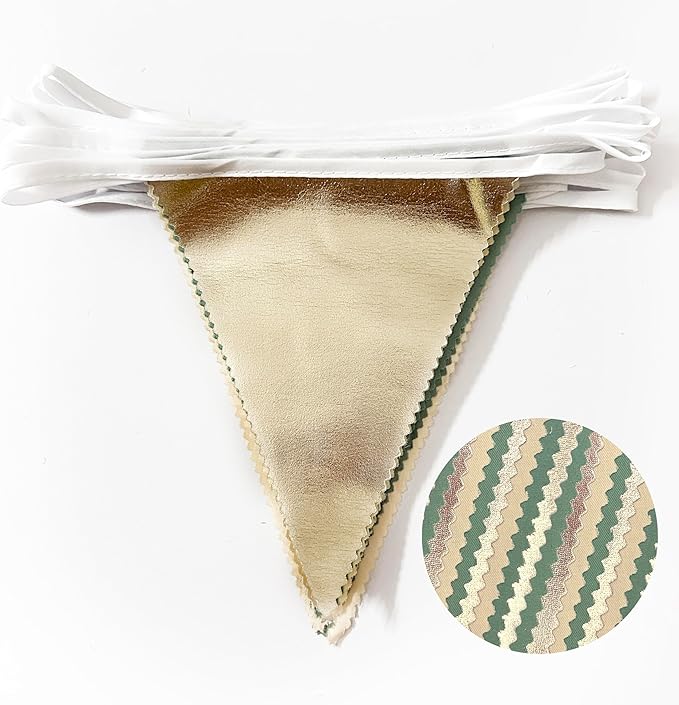 Sage Green Beige Champagne Gold Party Decorations Metallic Fabric Triangle Pennant Banner Bunting Flag Garland for Baby Shower Birthday Wedding Engagement Bridal Shower Graduation Decoration Supplies-VerdiqueGarden